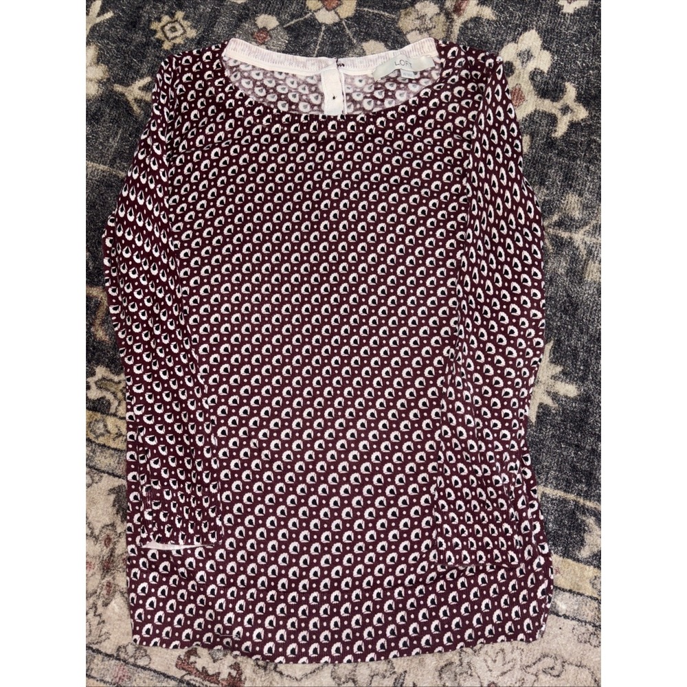 LOFT Women's Burgundy Geometric Print Sweater XS Cotton Long Sleeve Knit Top